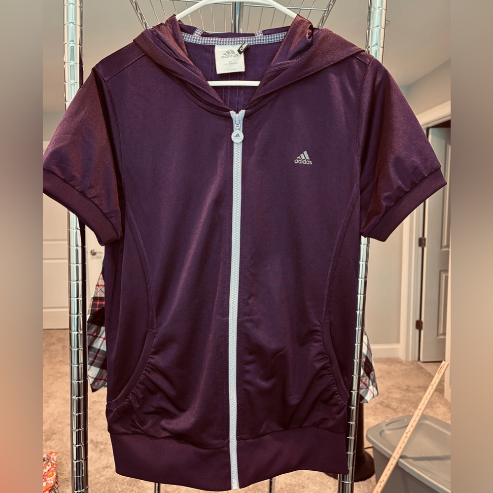 Adidas kids XL purple short sleeve hoodie with silver sparkle accents